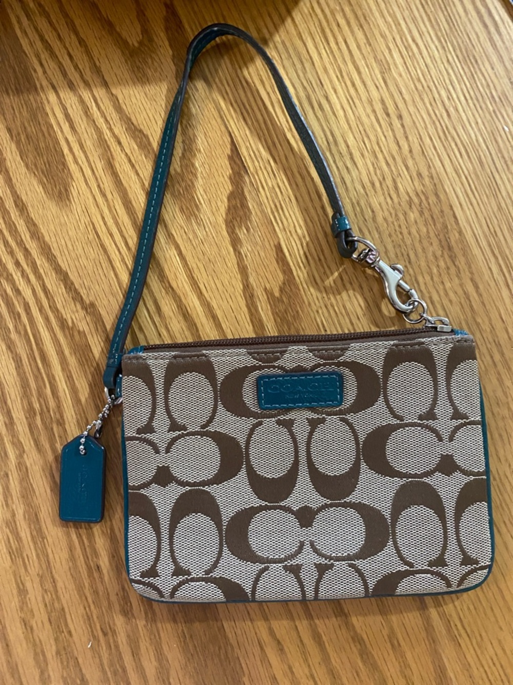 Coach Park Khaki Signature Canvas Wristlet with Teal Leather Trim & Hang Tag